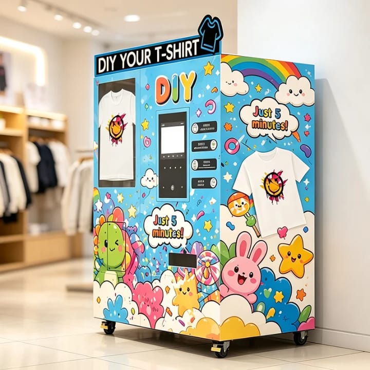 DIY T-Shirt Printing Vending Machine, front view with touchscreen