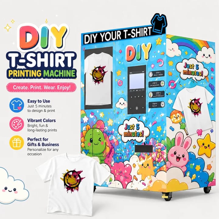 DIY T-Shirt Printing Vending Machine with sample printed shirt