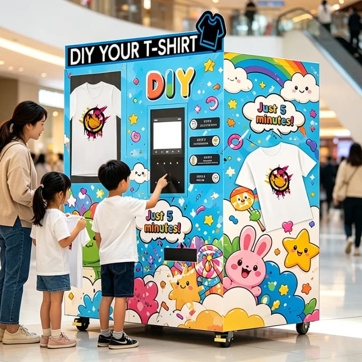 Customers using the DIY T-Shirt Printing Vending Machine in a mall