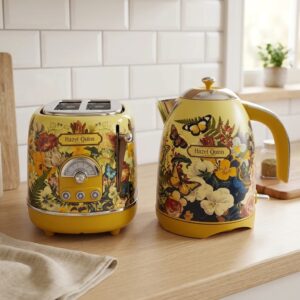 Floral retro 2-slice toaster and 1.7L electric kettle breakfast set on a kitchen counter