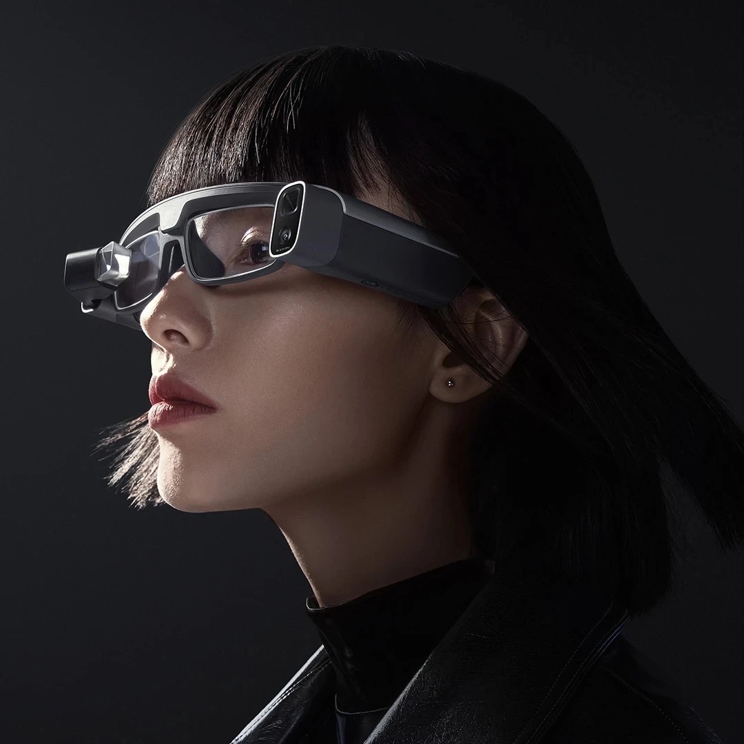 Woman wearing Mijia smart camera glasses, side view