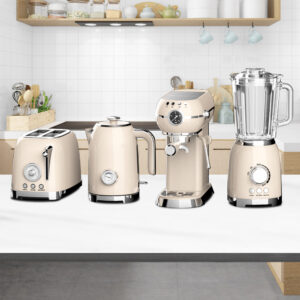 Cream retro kitchen appliance set with espresso machine, kettle, toaster and blender