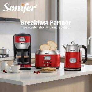 Sonifer red retro breakfast set with drip coffee maker, 2-slice toaster and electric kettle