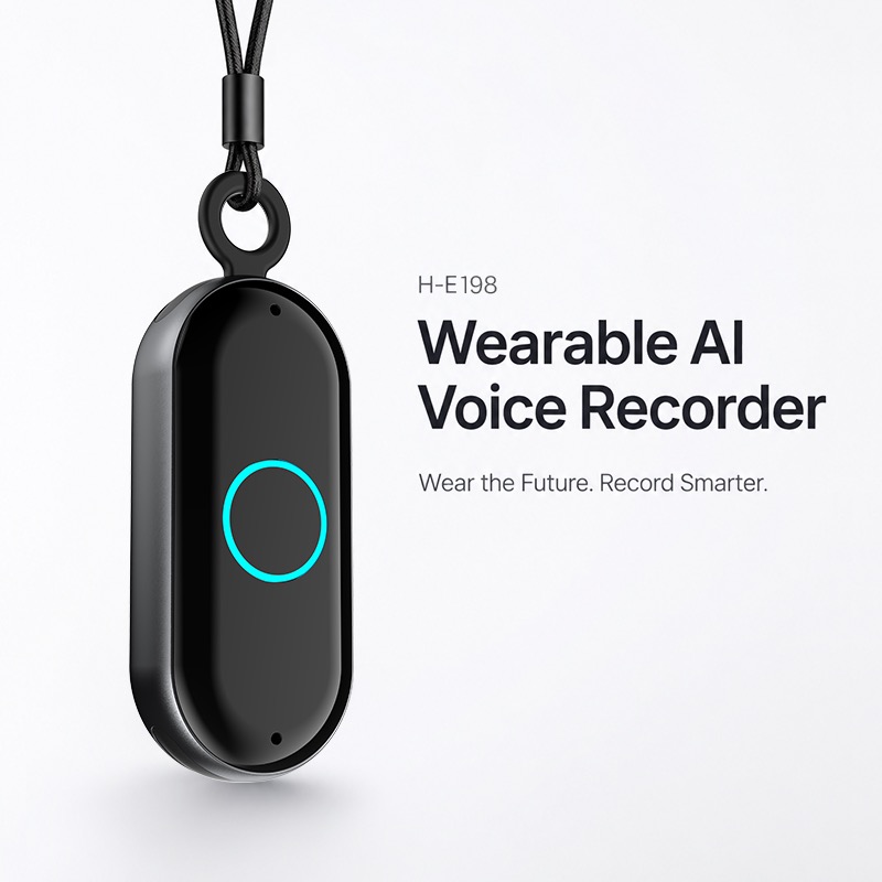 H-E198 wearable AI voice recorder on a lanyard