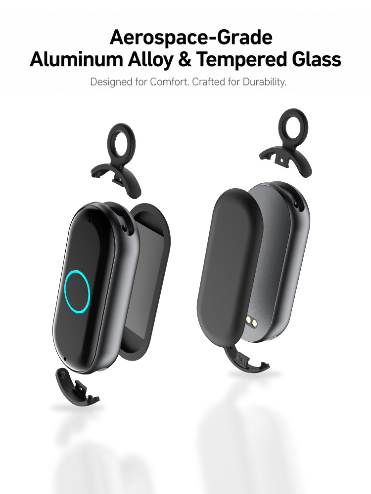 H-E198 AI voice recorder in aluminum alloy and tempered glass with clip and lanyard fittings