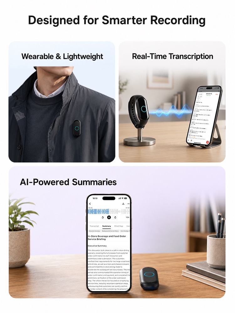 Wearable AI voice recorder with real-time transcription and AI summaries