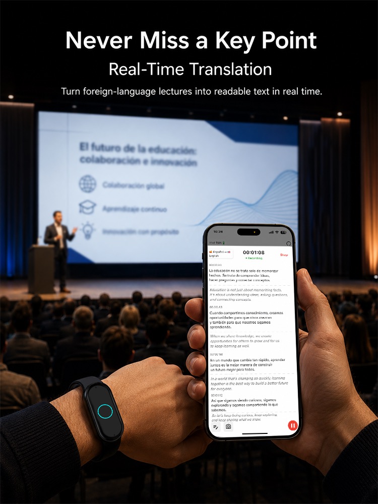 AI voice recorder real-time translation shown on a phone during a lecture