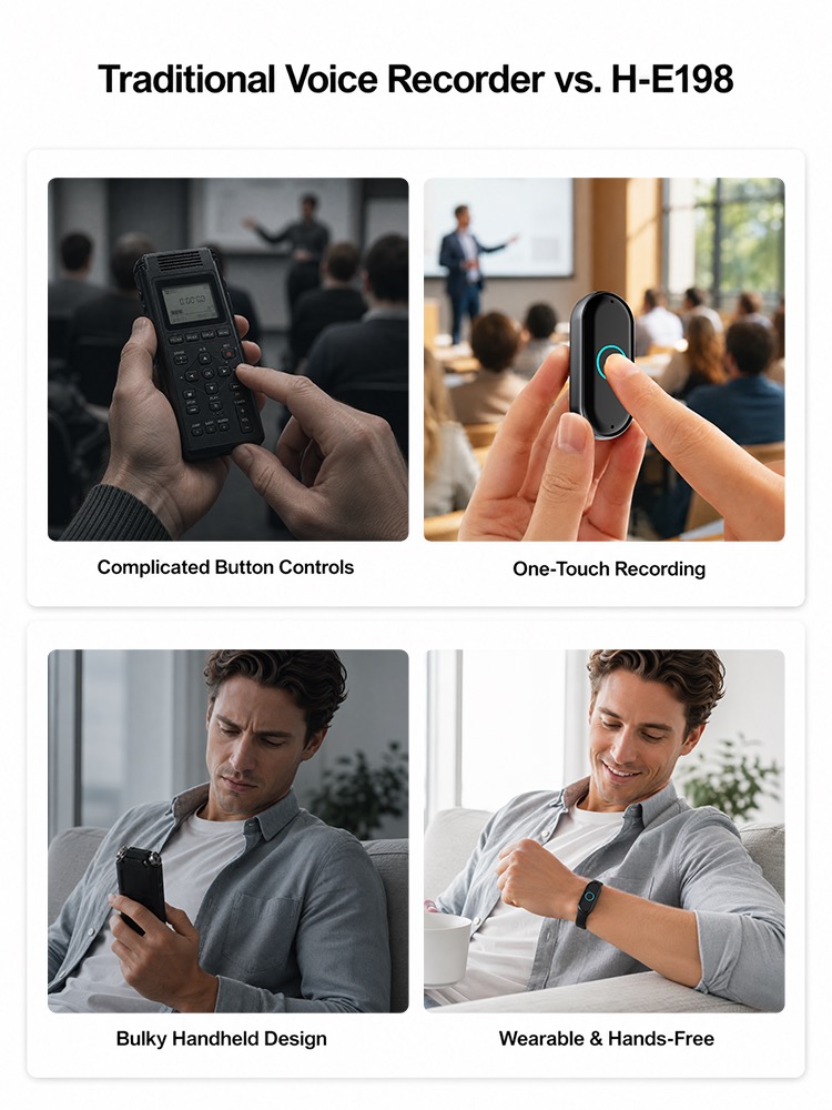 Traditional voice recorder compared with the one-touch wearable H-E198